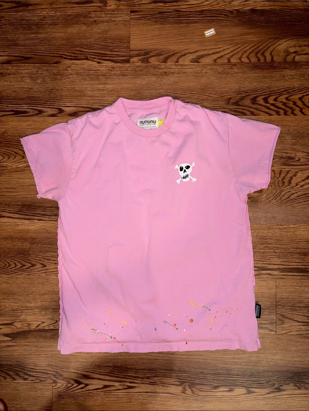 nununu Pink Short Sleeve Tee with Skull Patch and Paint Splatter
